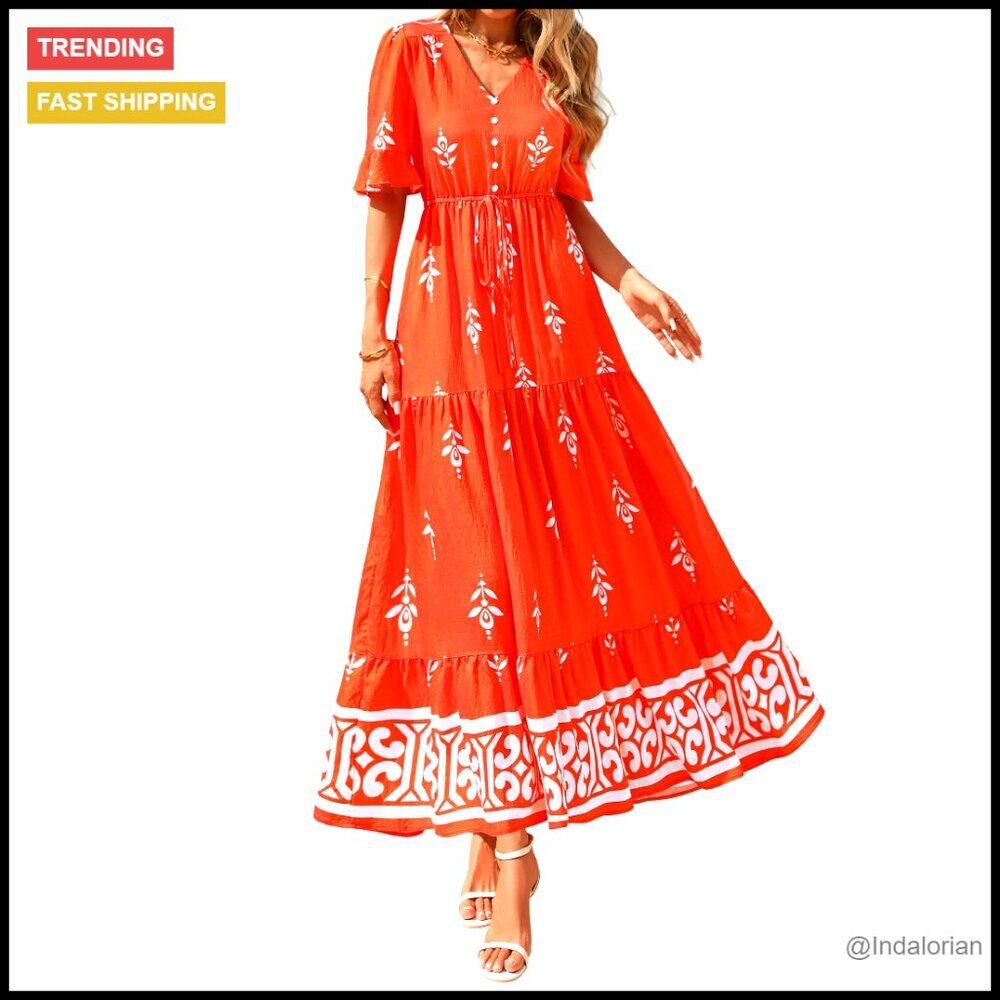 Boho Floral Maxi Dress Casual V-Neck Short Sleeve Flowy A-Line Party Wear